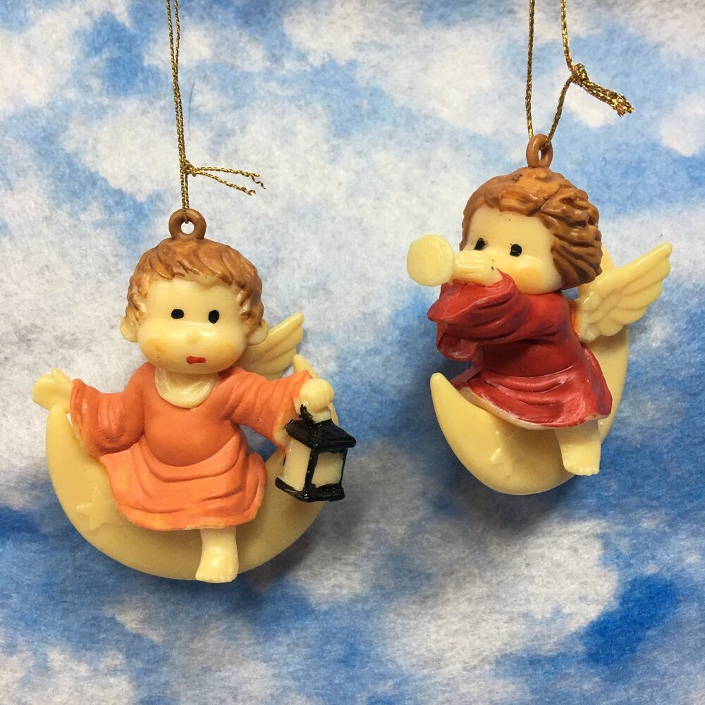 Angel's Sitting on the Moon Hard Plastic Vintage Christmas Ornaments
